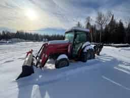 Used 2008 Massey 1552 W/ 84″ snow blower, Backhoe, Box blade + Loader